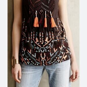ANTHROPOLOGIE AKEMI + KIN Women’s Brown Orange RIGMAROLE Top Embroidery Tassel S